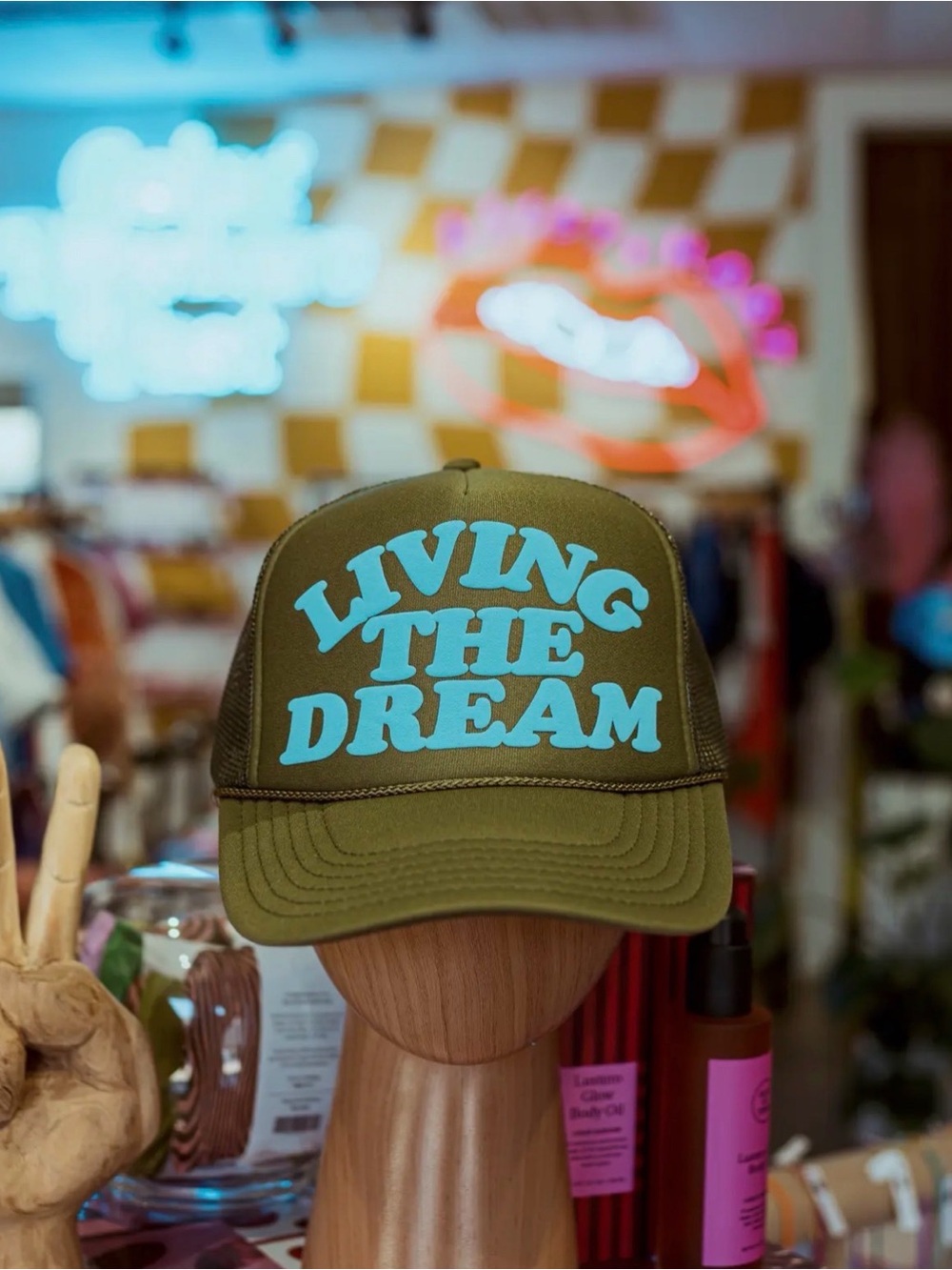 Green Trucker Hat with light blue  "Going Nowhere Fast" Text